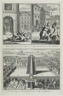 KG 11915
<br/>
Afgoderij: Mexico stad, Priester die gevangene vilt en aanvalt & de grote tempel van Vitzliputsli
<br/>
<em>Picart, Bernard (1673-1733)</em>